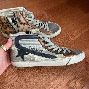 Leopard and silver metallic glitter golden goose sneakers